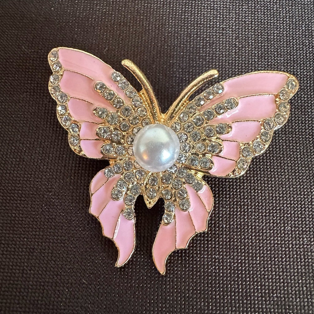 Gold and Pink  Enamel Butterfly Brooch